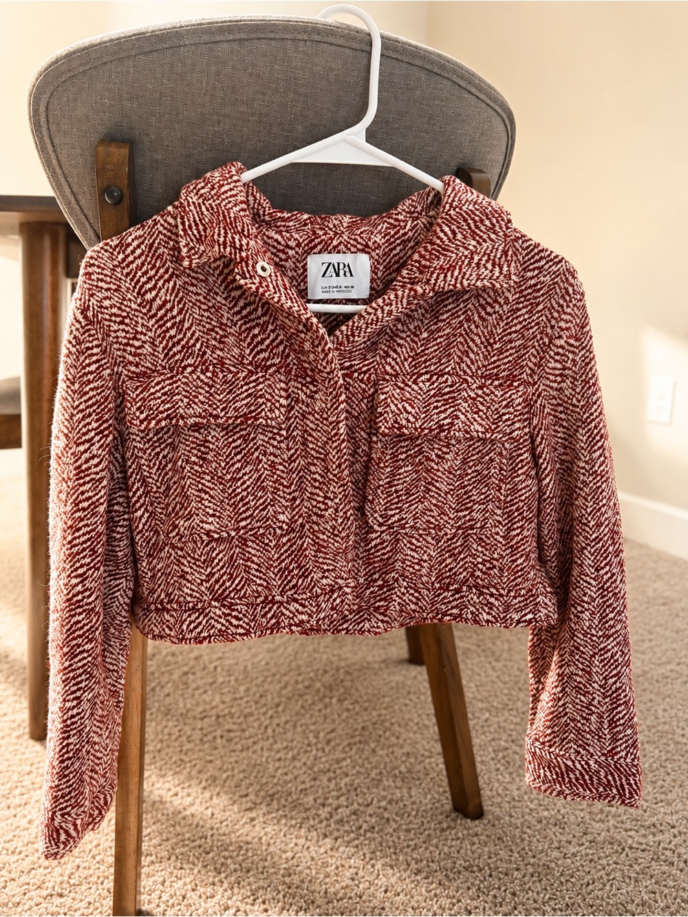 Zara Red and White Cropped Textured Jacket